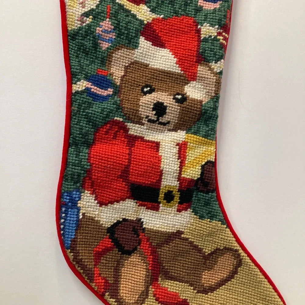 Vintage Imperial Elegance Wool Needlepoint Christmas Stocking Bear Tree‎ Red 20